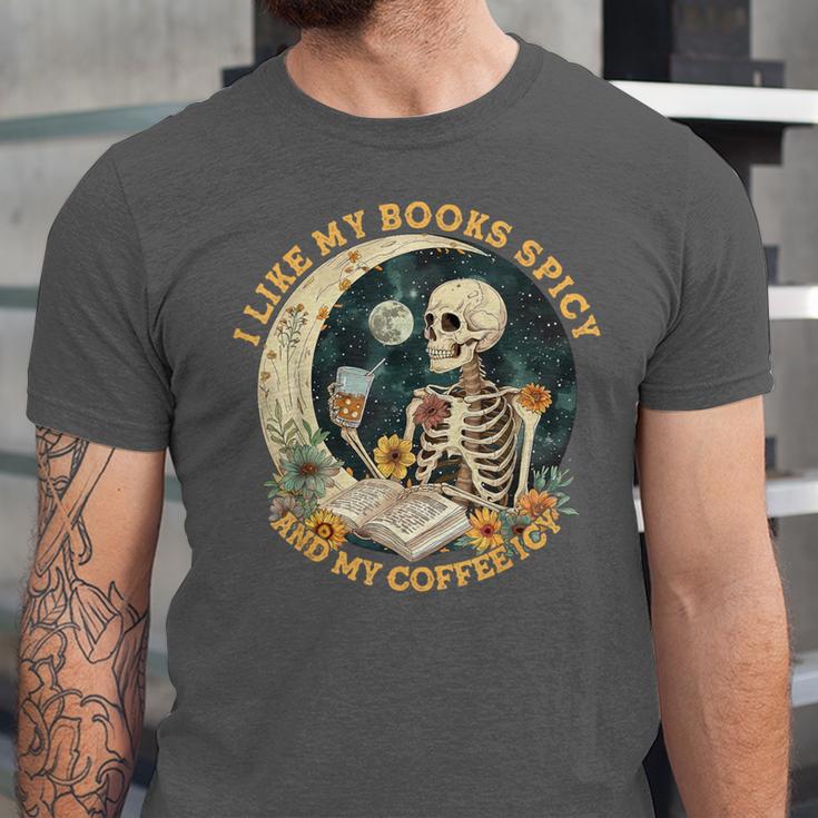 I Like My Books Spicy & My Coffee Icy Skeleton Read Book Unisex Jersey T-Shirt