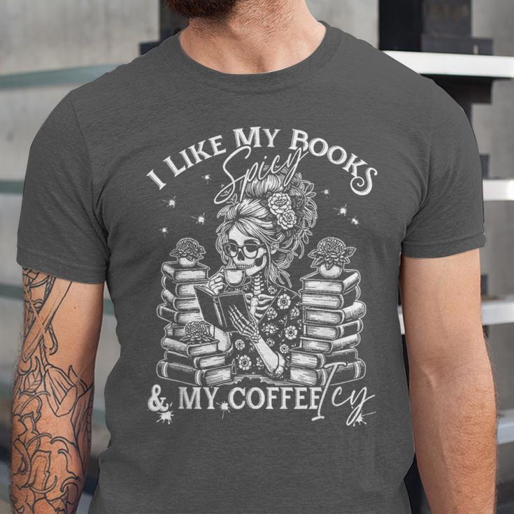 I Like My Books Spicy And My Coffee ICY Skeleton Meme Unisex Jersey T-Shirt