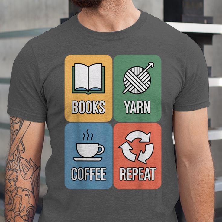 Books Yarn Coffee Repeat Crocheting Unisex Jersey T-Shirt