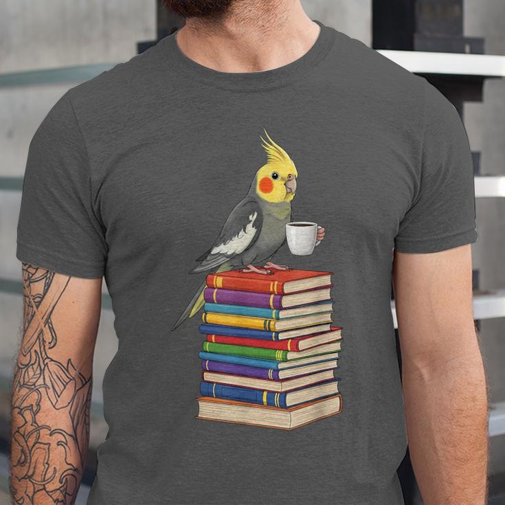 Bookworm Cockatiel Bird Reading Books Drinking Coffee Lover Unisex Jersey T-Shirt