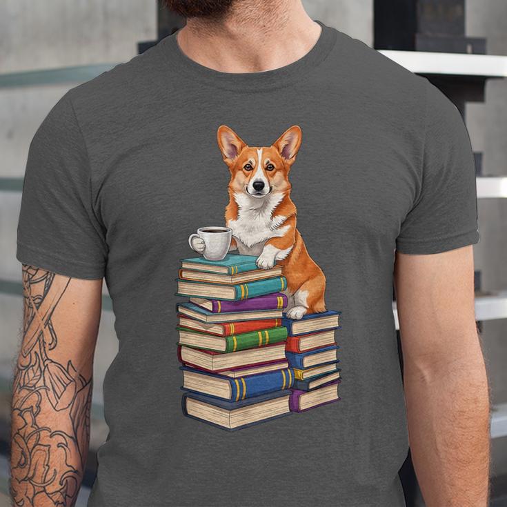 Bookworm Corgi Reading Books Drinking Coffee Dog Lover Unisex Jersey T-Shirt Bookworm Corgi Reading Books Drinking Coffee Dog Lover Unisex Jersey T-Shirt