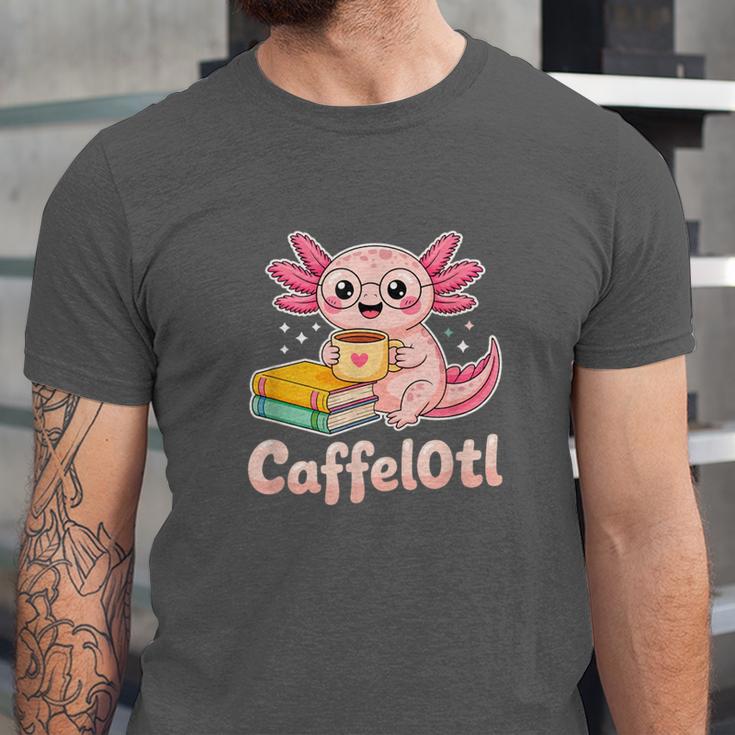 Caffelotl Cute Axolotl Pun Coffee Book Lover Kawaii Humor Unisex Jersey T-Shirt