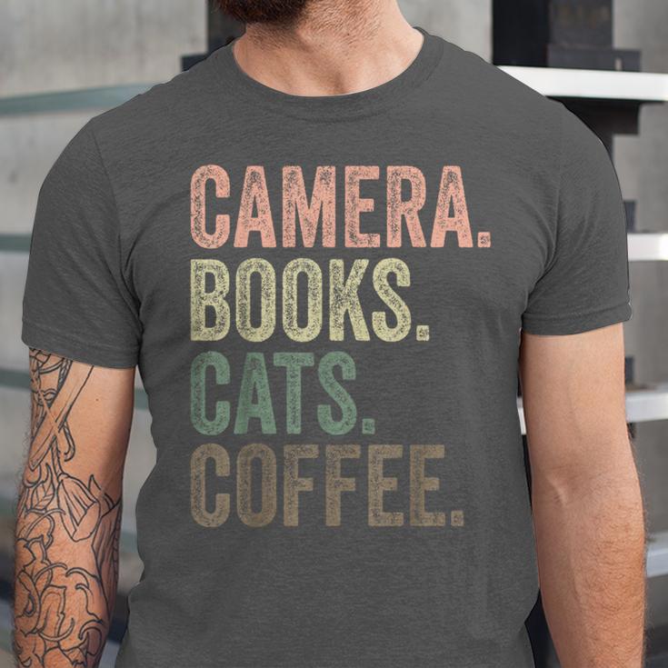Camera Books Cats And Coffee Lover Photography Men Women Unisex Jersey T-Shirt