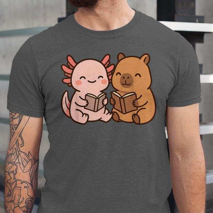 Capybara Axolotl Kawaii Kids Anime Book Lover Reading Unisex Jersey T-Shirt Capybara Axolotl Kawaii Kids Anime Book Lover Reading Unisex Jersey T-Shirt