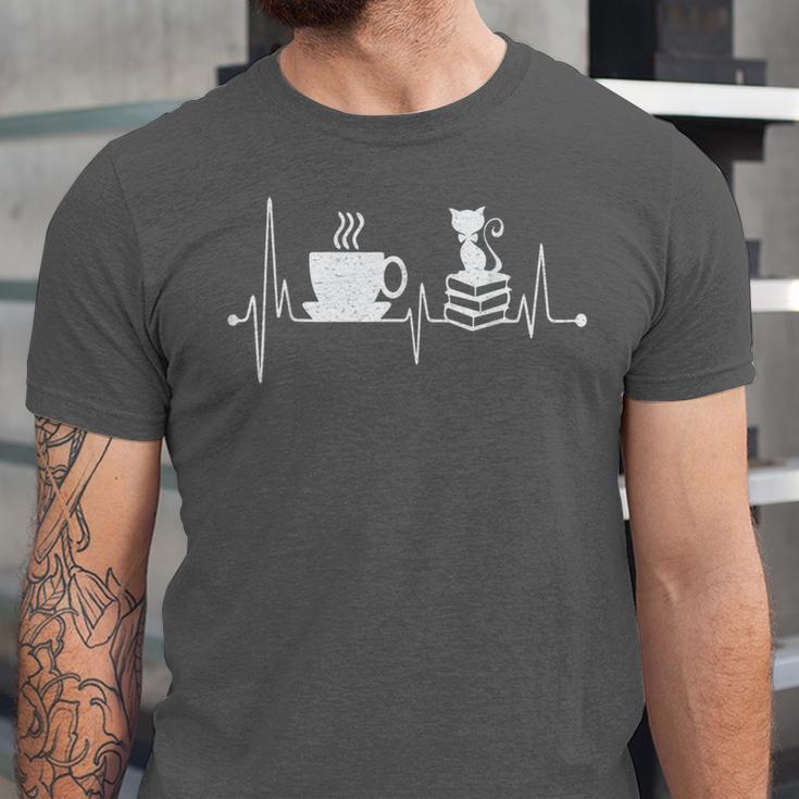 Cat Book Coffee Lover Heartbeat Cat Lover Book Lover Unisex Jersey T-Shirt