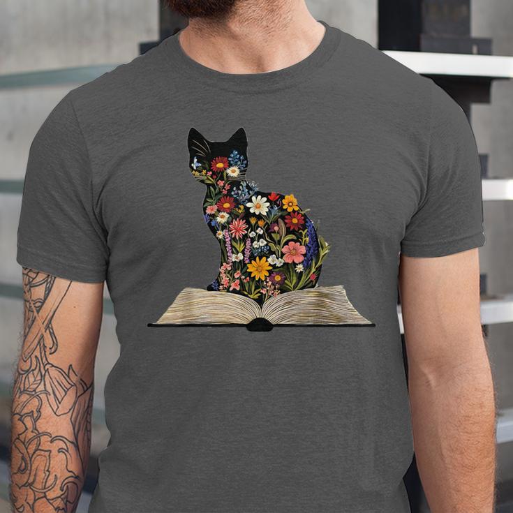 Cat Book Flowers Unisex Jersey T-Shirt