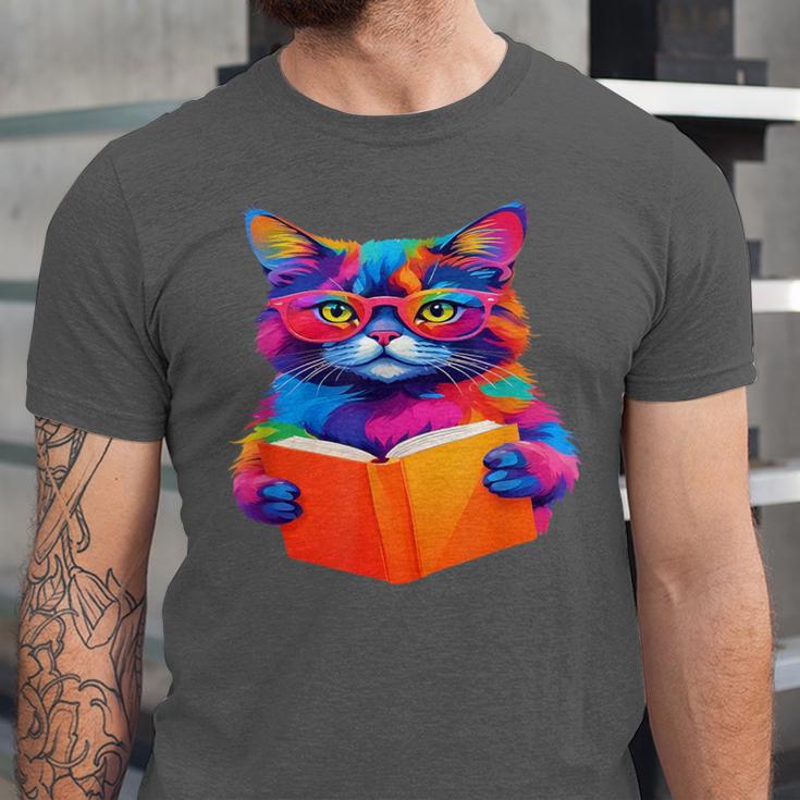 Cat Book Shirt Colorful Cat Reading Book Unisex Jersey T-Shirt