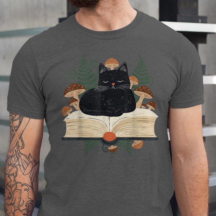 Cat On Open Book Mushrooms Ferns Dark Academia Unisex Jersey T-Shirt Cat On Open Book Mushrooms Ferns Dark Academia Unisex Jersey T-Shirt