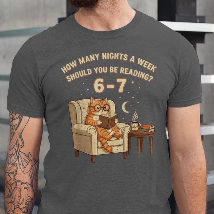 Cat Reading 6-7 Meme English Teacher Book Lover Humor Unisex Jersey T-Shirt