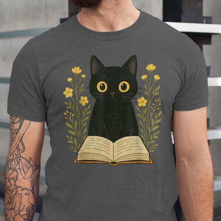 Cat Reading Book Flowers Unisex Jersey T-Shirt