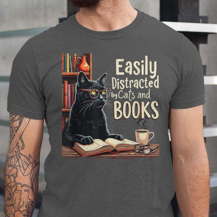 Cats And Books Book & Cat Lover Easily Distracted By Unisex Jersey T-Shirt