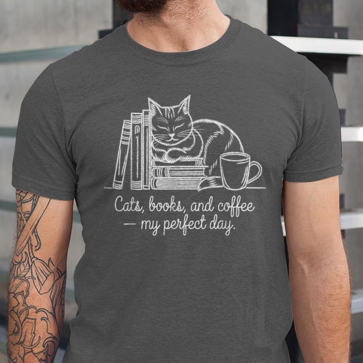 Cats Books And Coffee – My Perfect Day Cat Lover Unisex Jersey T-Shirt Cats Books And Coffee – My Perfect Day Cat Lover Unisex Jersey T-Shirt