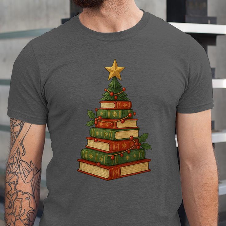 Christmas Book Tree Bookshelf Holiday For Readers Librarians Unisex Jersey T-Shirt