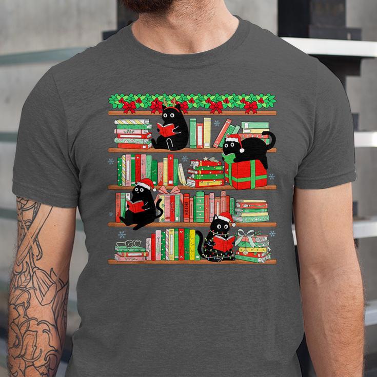 Christmas Cat Santa Bookshelves Book Lover Reader Unisex Jersey T-Shirt