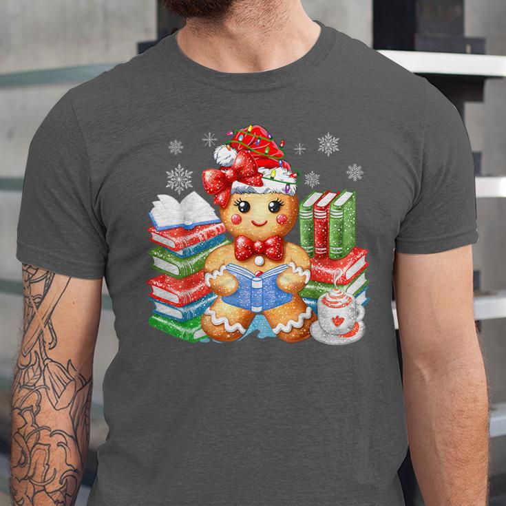 Christmas Gingerbread Man Reading Book Snowflake Teacher Unisex Jersey T-Shirt