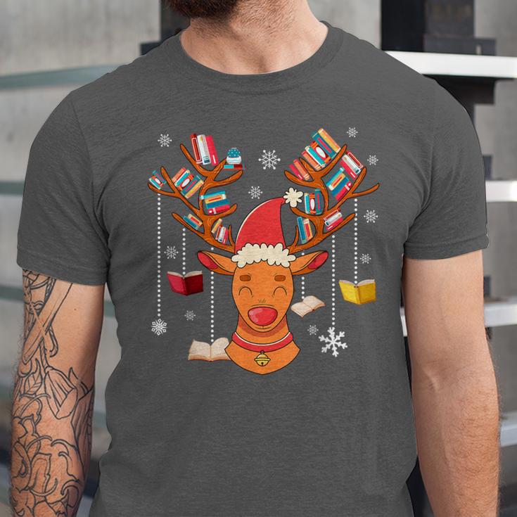 Christmas Librarian Reindeer Xmas Book Teachers Love Reading Unisex Jersey T-Shirt
