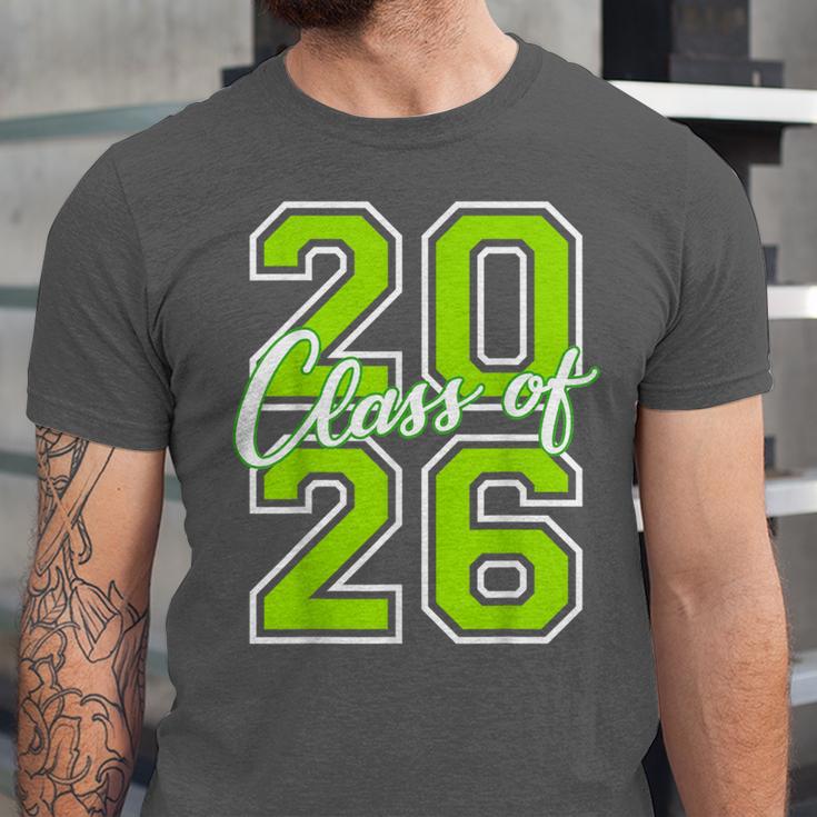 Class Of 2026 Graduation Varsity Lime Green Letters Unisex Jersey T-Shirt