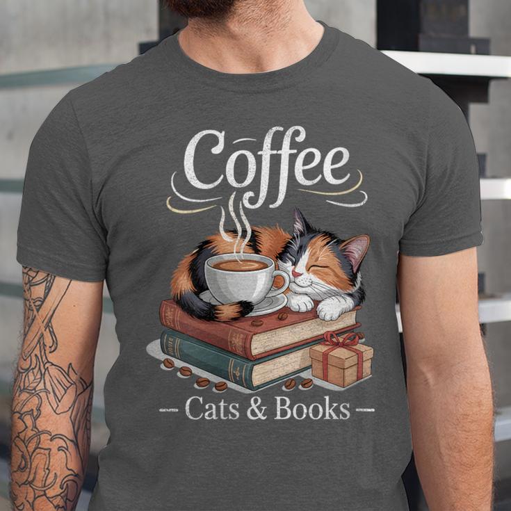 Coffee Cats And Books Cozy Calico Reader Love Cute Cat Unisex Jersey T-Shirt