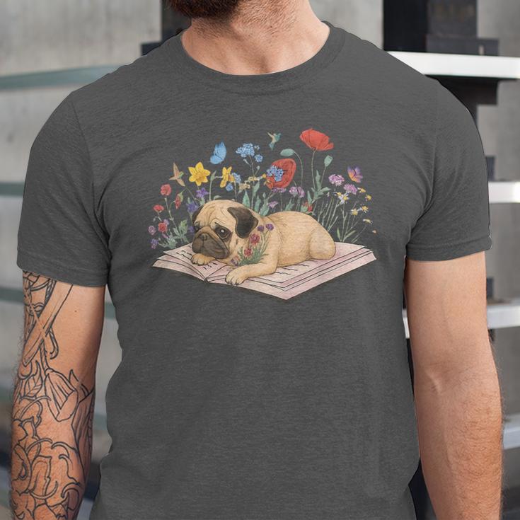 Color Floral Cute Pug Dog On Book Reading Bookworm Reader Unisex Jersey T-Shirt