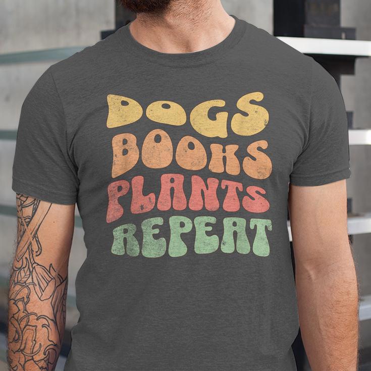 Colorful Dogs Books Plants Repeat Unisex Jersey T-Shirt Colorful Dogs Books Plants Repeat Unisex Jersey T-Shirt