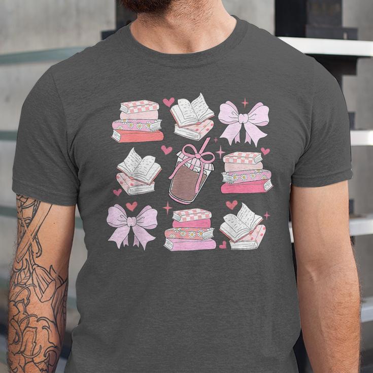 Coquette Bow Book Coffee Valentines Bookish Library Teacher Unisex Jersey T-Shirt