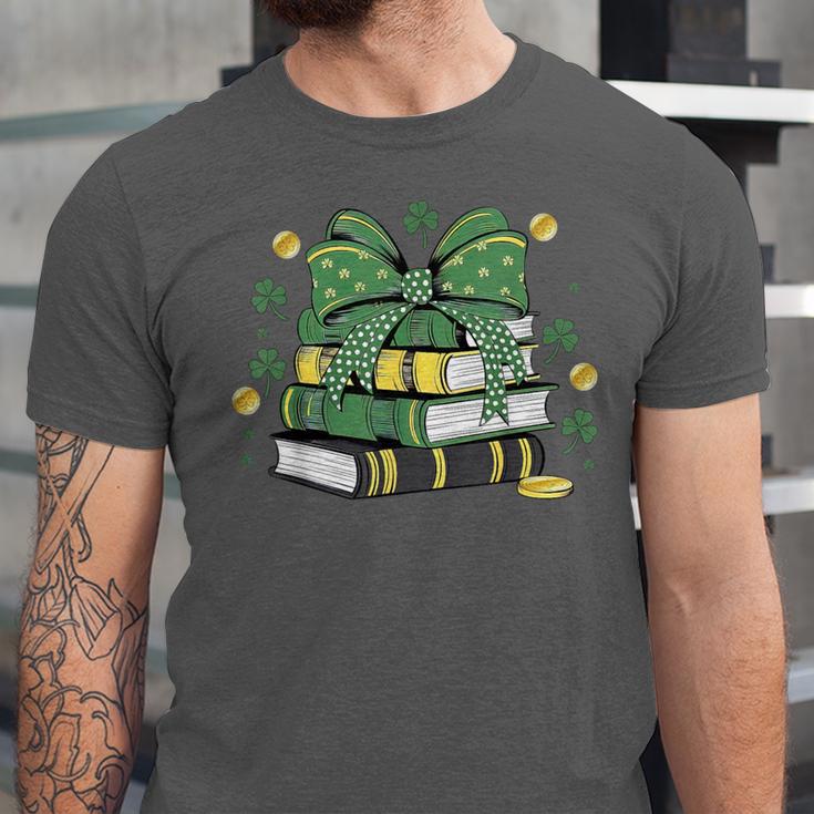 Coquette Bow Books St Patrick's Shamrock Bookworm Librarian Unisex Jersey T-Shirt
