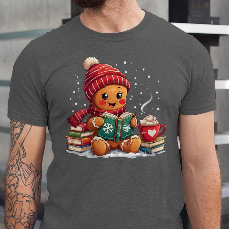 Cozy Gingerbread Christmas Reading Book Xmas Snowflakes Fall Unisex Jersey T-Shirt
