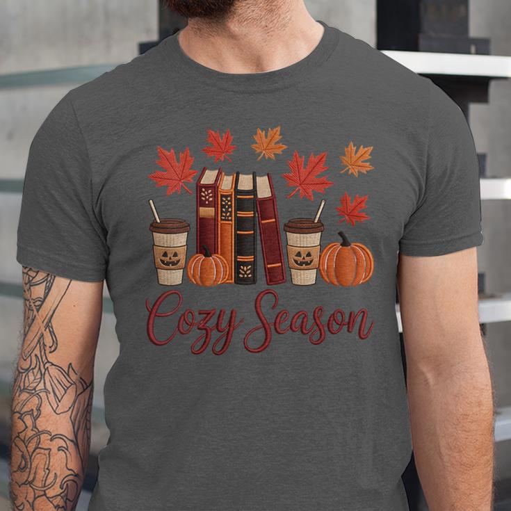 Cozy Season Autumn Leaves Books Pumpkins Fall Halloween Unisex Jersey T-Shirt Cozy Season Autumn Leaves Books Pumpkins Fall Halloween Unisex Jersey T-Shirt