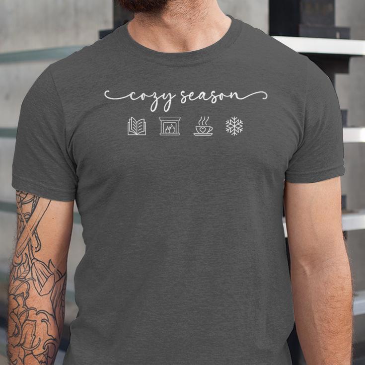 Cozy Season Good Book Fireplace Hot Beverage Snowflake Unisex Jersey T-Shirt