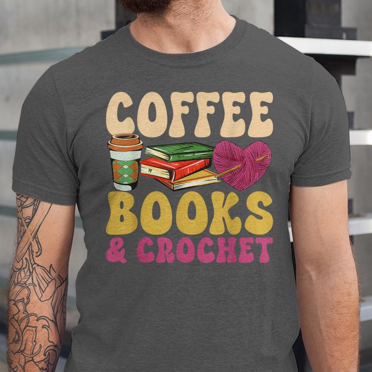 Crochet Coffee Reading Books Crocheter Crocheting Unisex Jersey T-Shirt