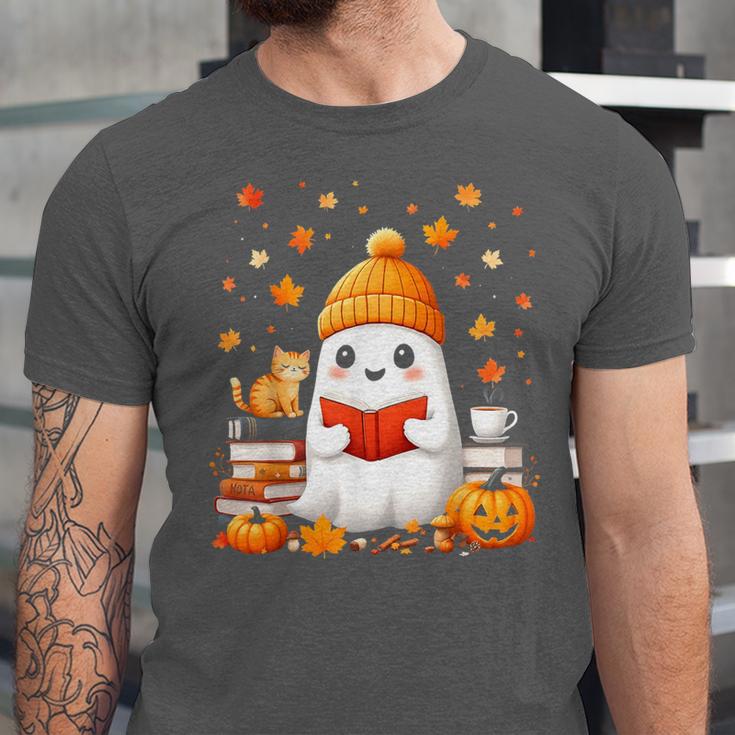 Cute Beanie Ghost Bookworm Cozy Book Reading Halloween Unisex Jersey T-Shirt Cute Beanie Ghost Bookworm Cozy Book Reading Halloween Unisex Jersey T-Shirt