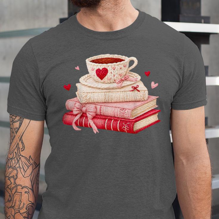 Cute Books And Coffee Crochet Valentines Day Tee For Couples Unisex Jersey T-Shirt