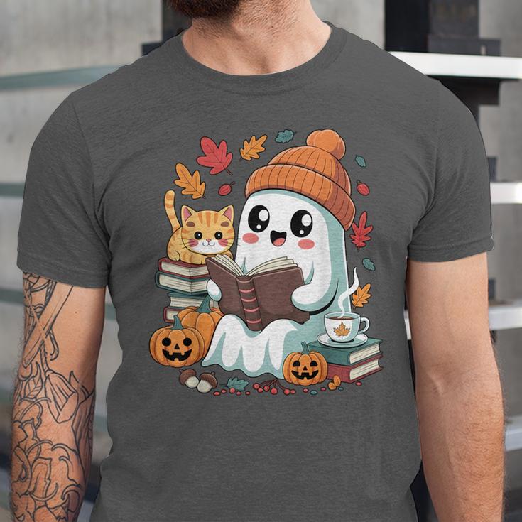 Cute Cozy Ghost Reading With Cat Book Lover Autumn Fall Unisex Jersey T-Shirt