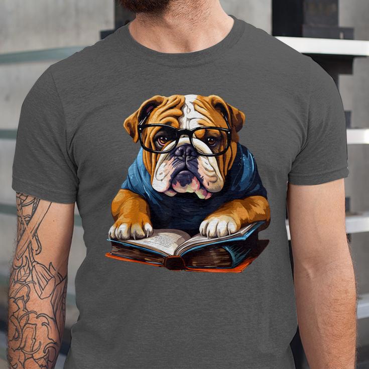 Cute Dog English Bulldog Reading Book Unisex Jersey T-Shirt