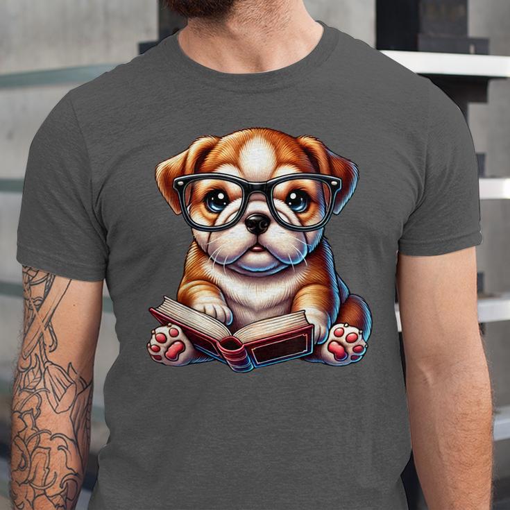 Cute Dog Puppy English Bulldog Reading Book Unisex Jersey T-Shirt Cute Dog Puppy English Bulldog Reading Book Unisex Jersey T-Shirt