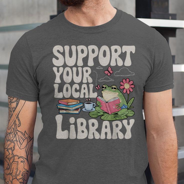 Cute Frog Support Your Local Library Librarian Book Lover Unisex Jersey T-Shirt