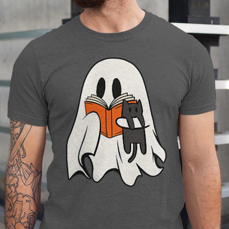 Cute Ghost Cat Reading Book Spooky Season Halloween Costume Unisex Jersey T-Shirt