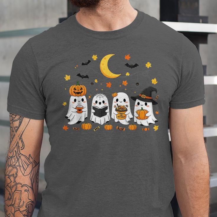 Cute Ghost Drinking Coffee Halloween Fall Ghost Book Reading Unisex Jersey T-Shirt Cute Ghost Drinking Coffee Halloween Fall Ghost Book Reading Unisex Jersey T-Shirt