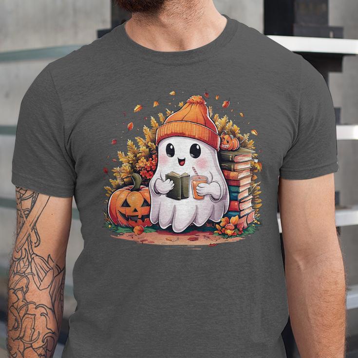 Cute Ghost Drinking Coffee Halloween Reading Book Retro Unisex Jersey T-Shirt