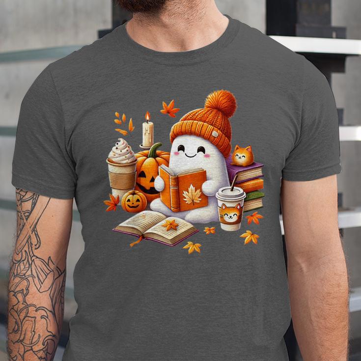 Cute Ghost Reading Book Lovers Halloween Pumpkin Women Girls Unisex Jersey T-Shirt Cute Ghost Reading Book Lovers Halloween Pumpkin Women Girls Unisex Jersey T-Shirt
