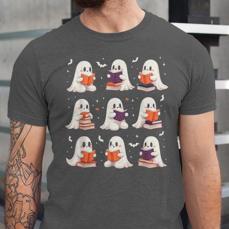 Cute Ghost Reading Book Lovers Halloween Ghost Unisex Jersey T-Shirt