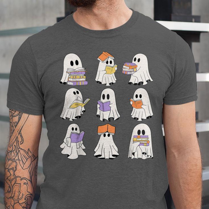 Cute Ghost Reading Books Teacher Halloween Reading Men Women Kids Unisex Jersey T-Shirt