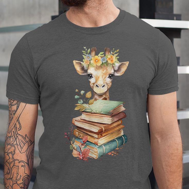 Cute Giraffe With Book Floral Bookworm Librarian Book Lover Unisex Jersey T-Shirt