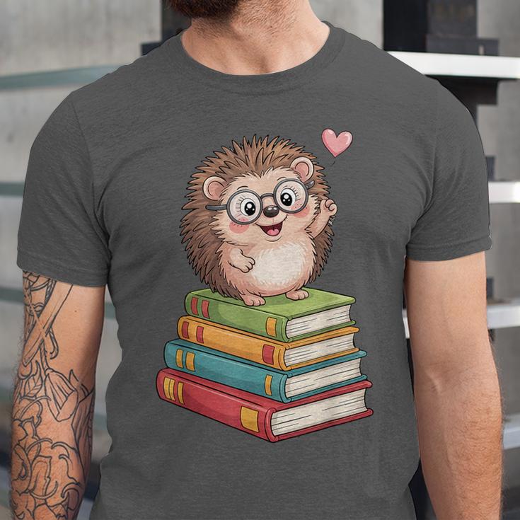 Cute Hedgehog Reading Books Animal Lover Reader Bookworm Unisex Jersey T-Shirt