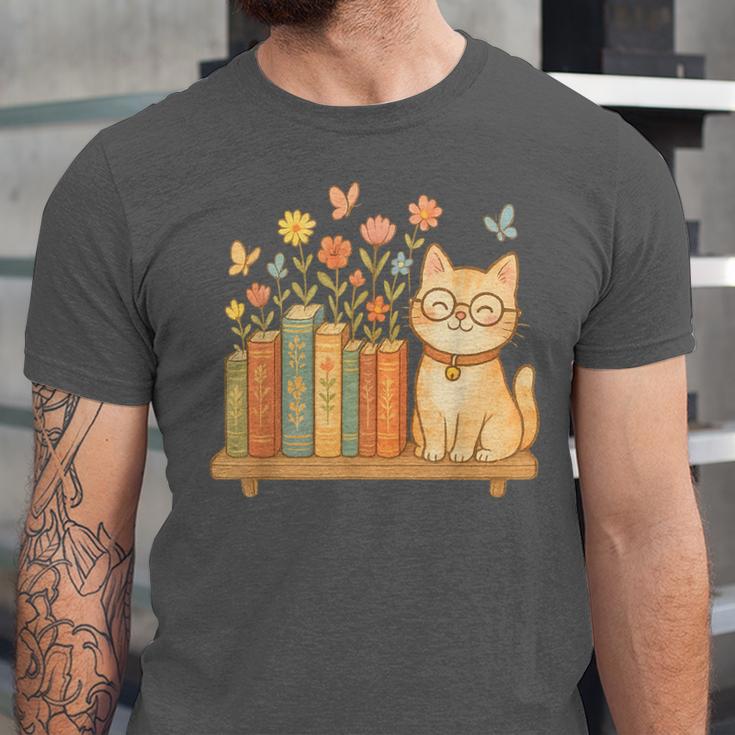 Cute Kawaii Cat Books Flowers Unisex Jersey T-Shirt
