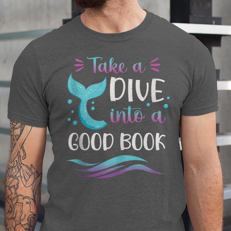 Cute Mermaid Librarian Teacher Dive Into A Good Book Reading Unisex Jersey T-Shirt