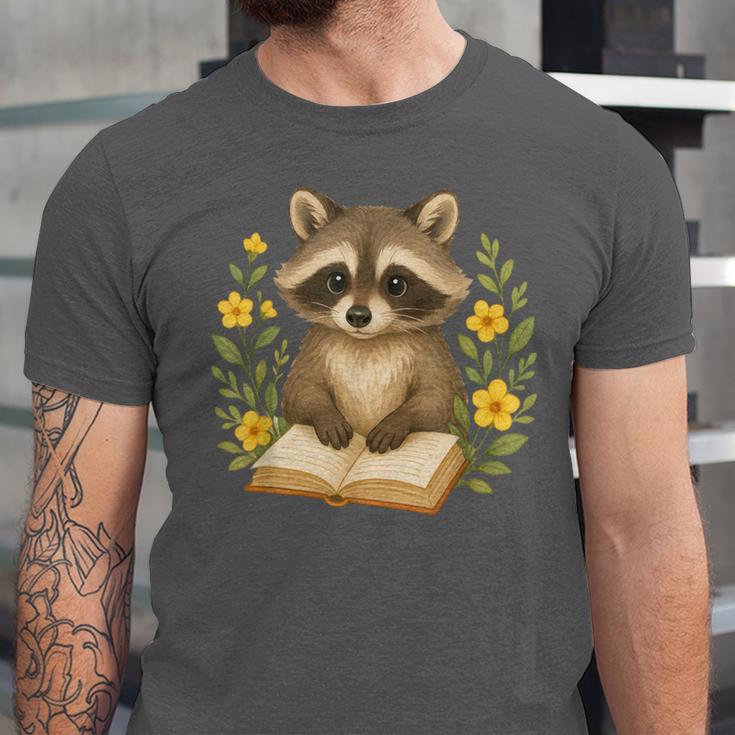 Cute Raccoon Reading Book Flowers Floral Unisex Jersey T-Shirt Cute Raccoon Reading Book Flowers Floral Unisex Jersey T-Shirt