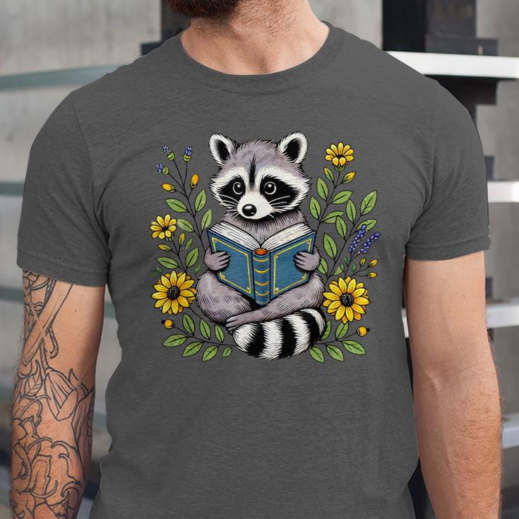 Cute Raccoon Reading Book Flowers Unisex Jersey T-Shirt