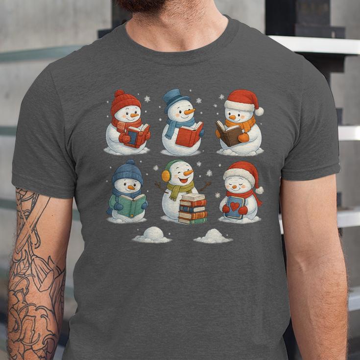 Cute Snowman Reading Books Christmas Winter Book Lover Unisex Jersey T-Shirt