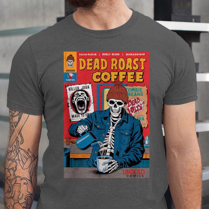 Dead Roast Coffee Comic Book Cover Style Skeleton Barista Unisex Jersey T-Shirt